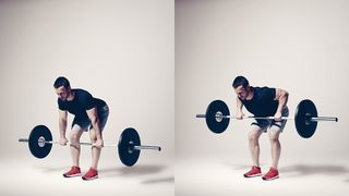 Man demonstrates two positions of the barbell bent-over row exercise