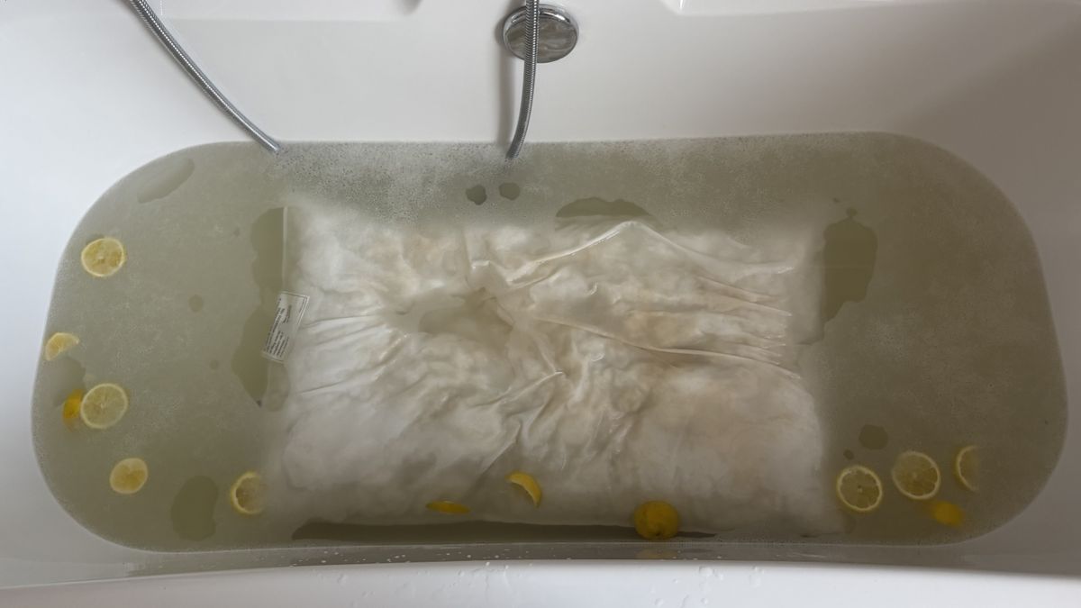 A pillow soaked in a bathtub of sliced lemons, baking soda, and detergent.