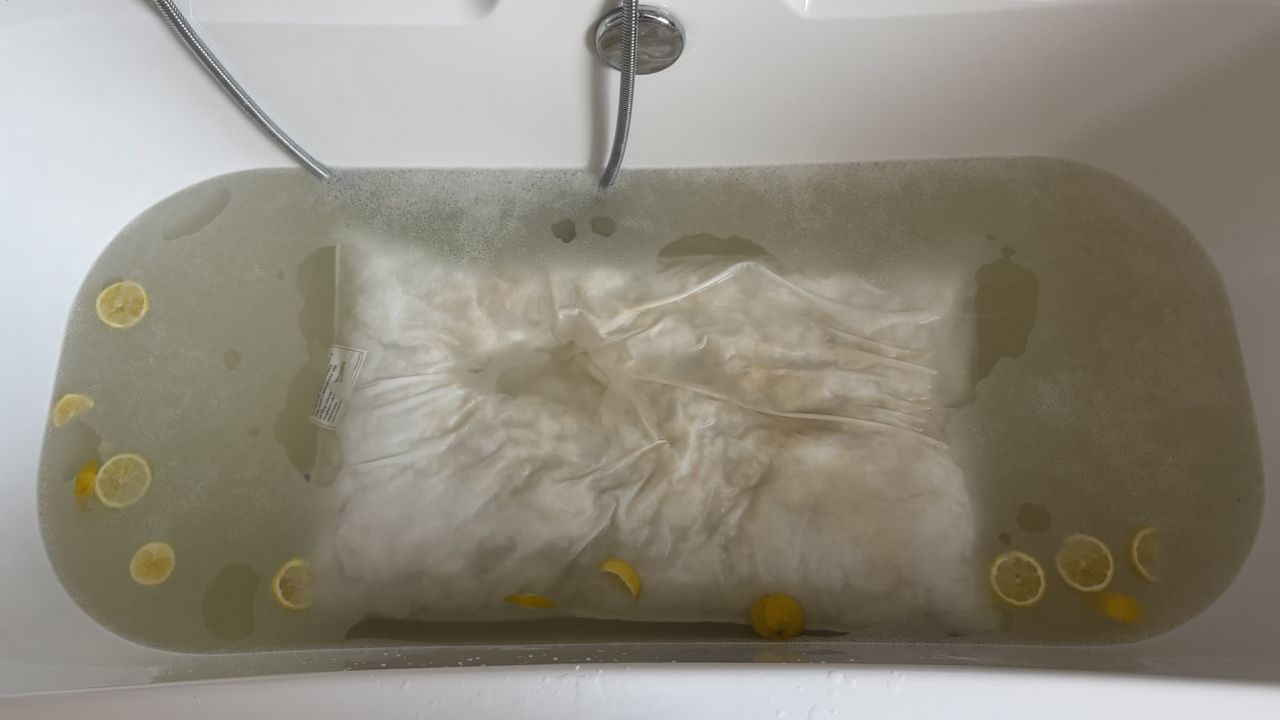 A pillow soaked in a bathtub of sliced lemons, baking soda, and detergent.