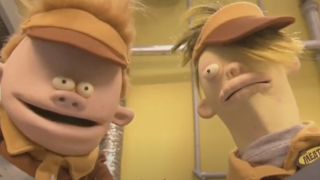 Parker and Josh look at something on Mr. Meaty