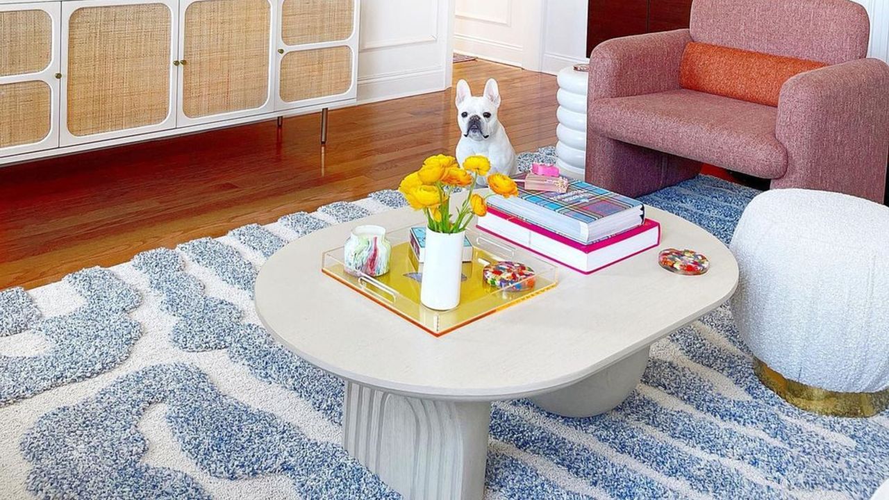 A blue rug in @katelynsailor living room with blue wavy rug and coffee table 