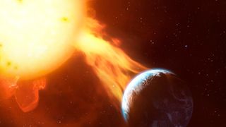 A conceptual image of the sun launching a massive fiery plume toward Earth