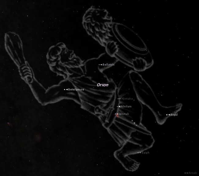 Orion as imagined, with the stars that make it up. This view shows the hunter as of around 8 p.m. local time this week from the southern United States. Look high in the southeast to first find the tight group of three stars that make up Orion's belt.