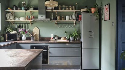 A kitchen with sage green wall decor and fridge with water dispenser