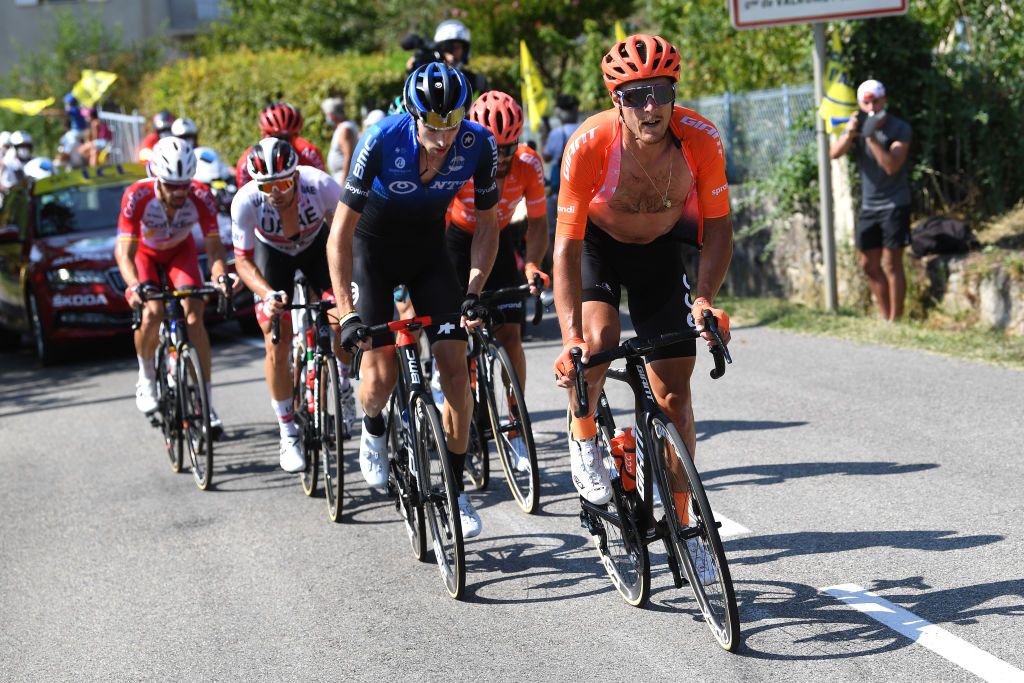 GRAND COLOMBIER FRANCE SEPTEMBER 13 Michael Gogl of Austria and NTT Pro Cycling Team Matteo Trentin of Italy and CCC Team Breakaway during the 107th Tour de France 2020 Stage 15 a 1745km stage from Lyon to Grand Colombier 1501m TDF2020 LeTour on September 13 2020 in Grand Colombier France Photo by Tim de WaeleGetty Images