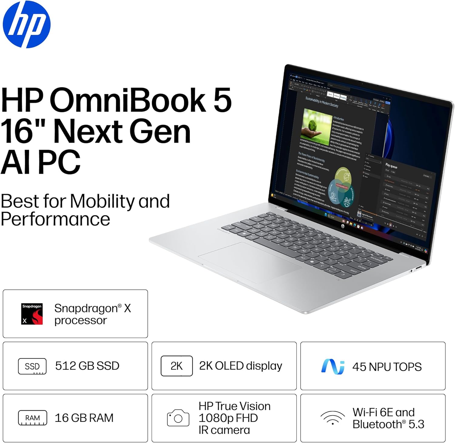 HP OmniBook 5, a sleek silver laptop with a 16-inch display, showcases a document. Features include Snapdragon X processor, 16GB RAM, 512GB SSD, 2K OLED display, and Wi-Fi 6E.