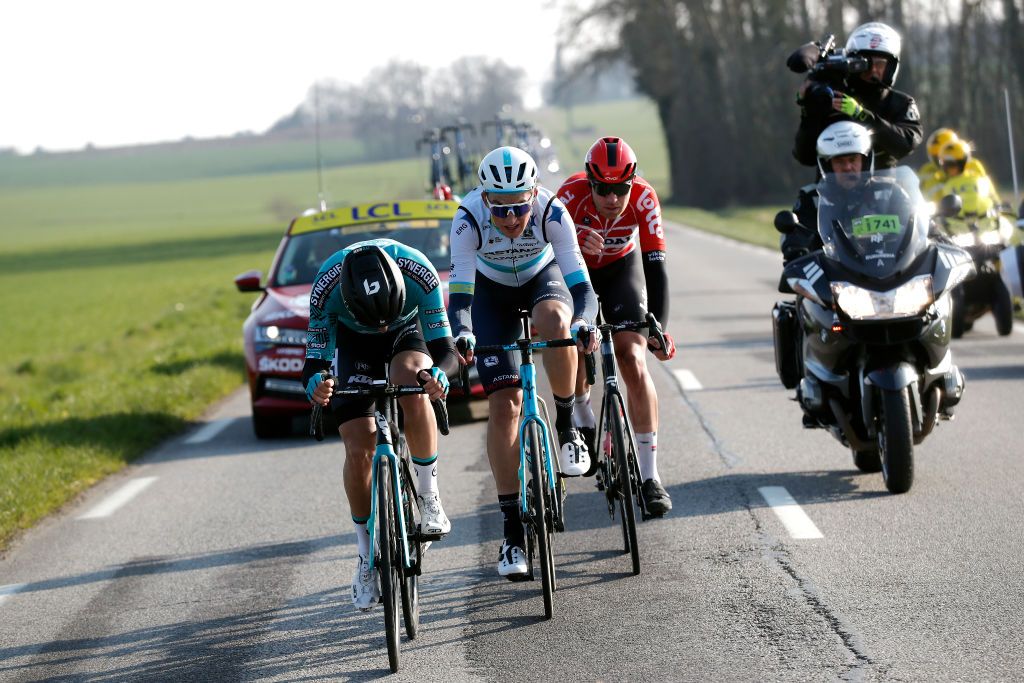 MANTESLAVILLE FRANCE MARCH 06 LR Alexis Gougeard of France and Team BB Hotels PB KTM Yevgeniy Fedorov of Kazahkstan and Team Astana Qazaqstan and Frederik Frison of Belgium and Team Lotto Soudal compete in the breakaway during the 80th Paris Nice 2022 Stage 1 a 160km stage from ManteslaVille to ManteslaVille ParisNice WorldTour on March 06 2022 in ManteslaVille France Photo by Bas CzerwinskiGetty Images
