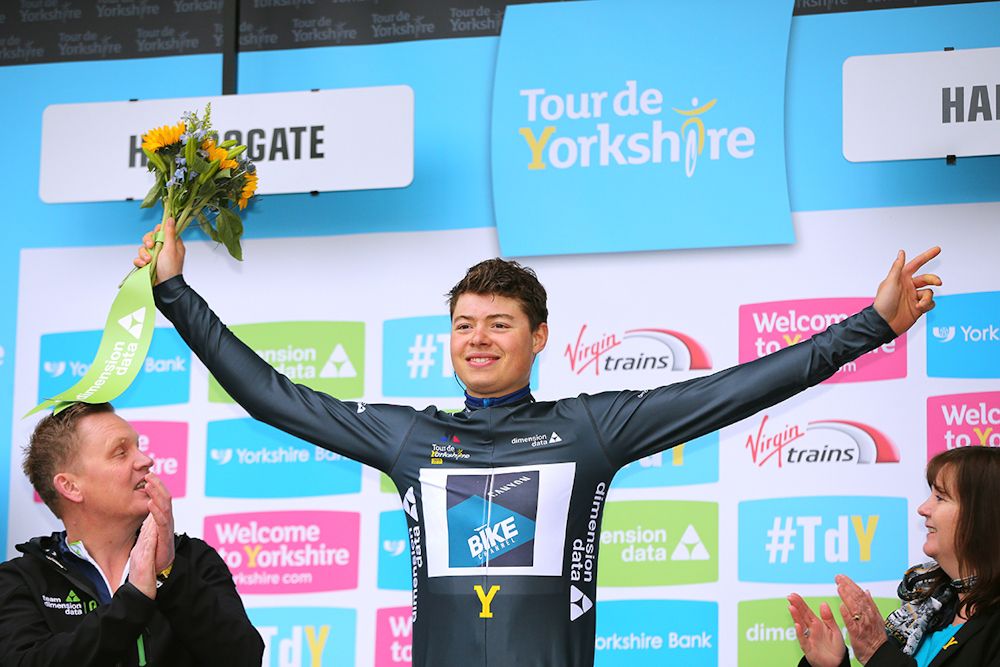 Harry Tanfield on the Tour de Yorkshire stage 2 podium