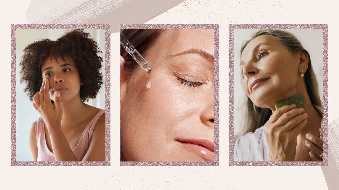 Three women are pictured applying skincare, in the first, a woman is applying cream whilst looking in the mirror, the second features a close up of a women applying serum to her cheek and the third, a woman using a gua sha tool on her neck/ in a cream and pink glitter template