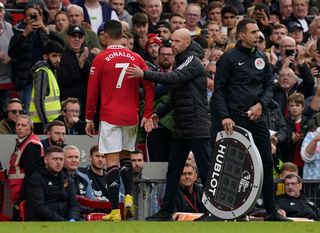 Cristiano Ronaldo of Manchester United is substituted off by manager Erik ten Hag during the Premier League match against Aston Villa at Villa Park, October 2022