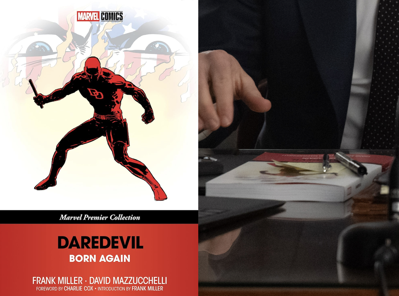 Side by side: Cover of Daredevil Born Again Marvel Premiere Edition trade paperback, Close-up of Daredevil Born Again trade paperback on courtroom desk in Daredevil: Born Again Season 2