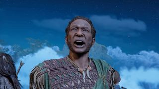 A still from the God of War Ragnarok trailer showing someone looking up at the sky in surprise