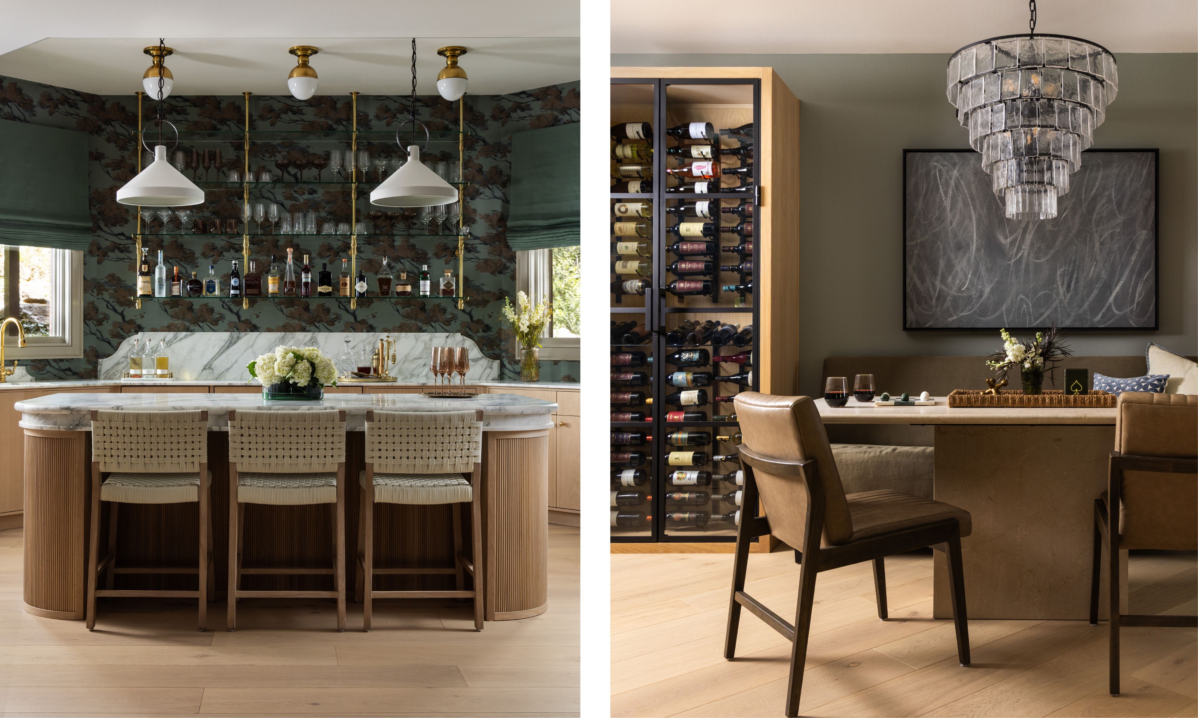 two side by side images of a basement kitchen and wine room
