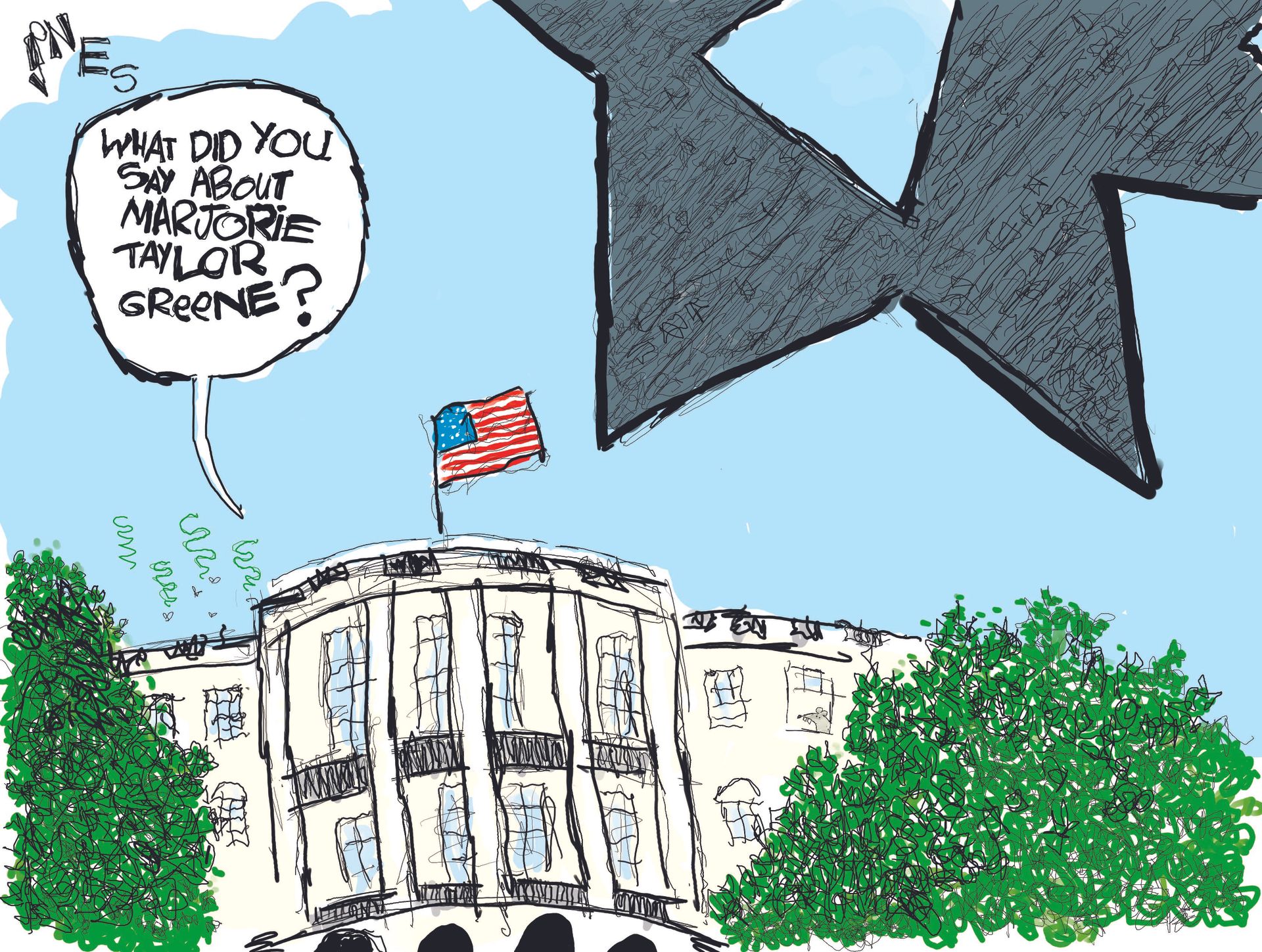 
                                This Clay Jones cartoon depicts the outside of the White House with a massive buzzsaw bearing down on it. A voice from inside says, “What did you say about Marjorie Taylor Greene?” This is the first cartoon drawn by Clay Jones since he suffered a stroke. You can read more about him and his recovery in his newsletter at https://claytoonz.substack.com/p/surprise
                            