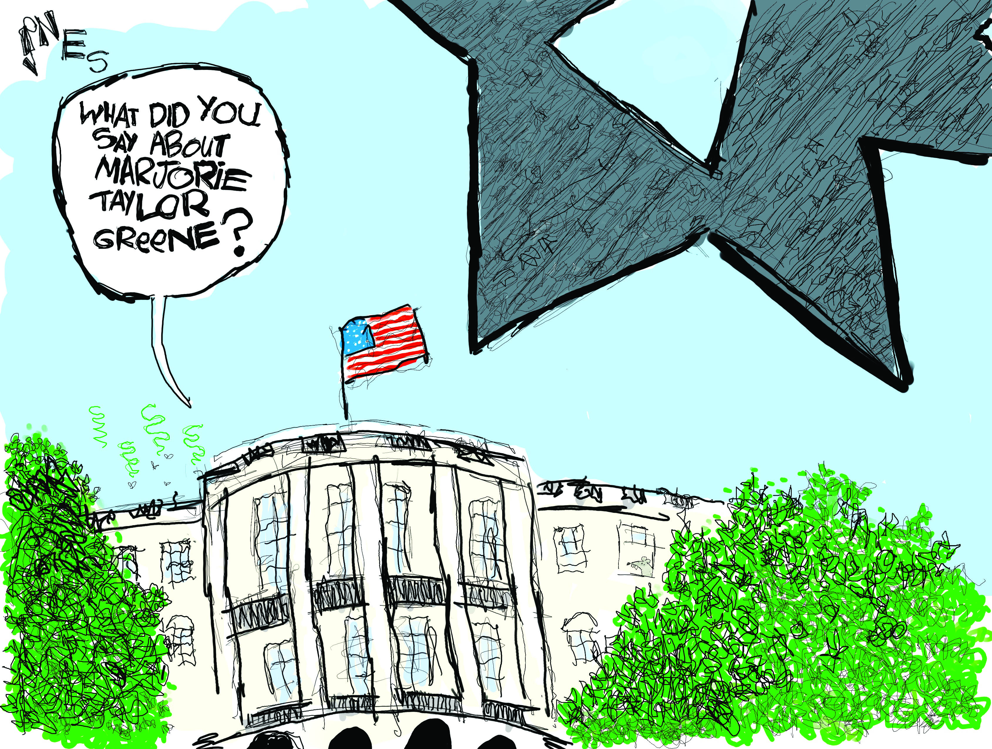 This Clay Jones cartoon depicts the outside of the White House with a massive buzzsaw bearing down on it. A voice from inside says, &amp;ldquo;What did you say about Marjorie Taylor Greene?&amp;rdquo; This is the first cartoon drawn by Clay Jones since he suffered a stroke. You can read more about him and his recovery in his newsletter at https://claytoonz.substack.com/p/surprise