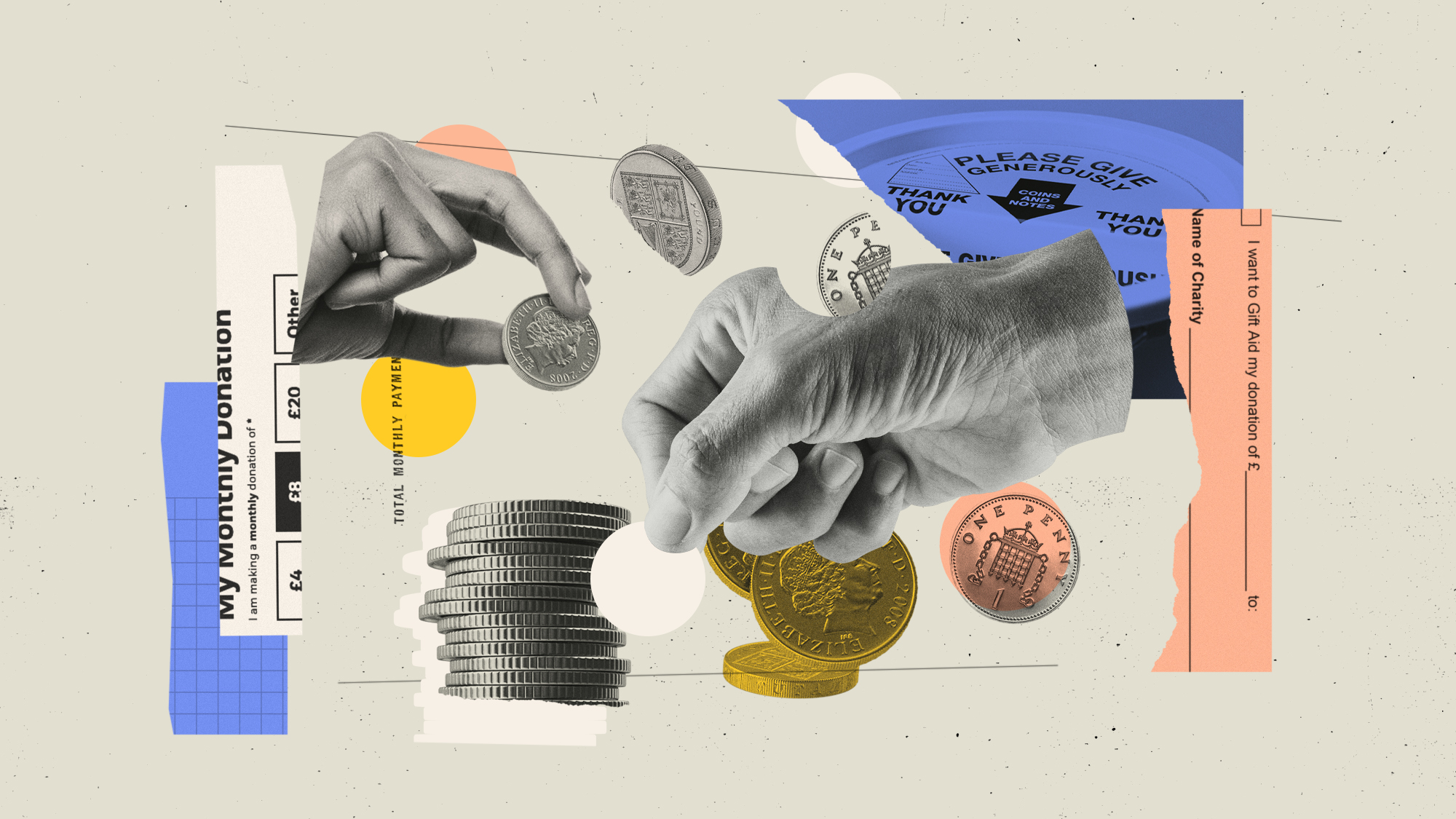 Photo composite illustration of hands donating coins to charity boxes