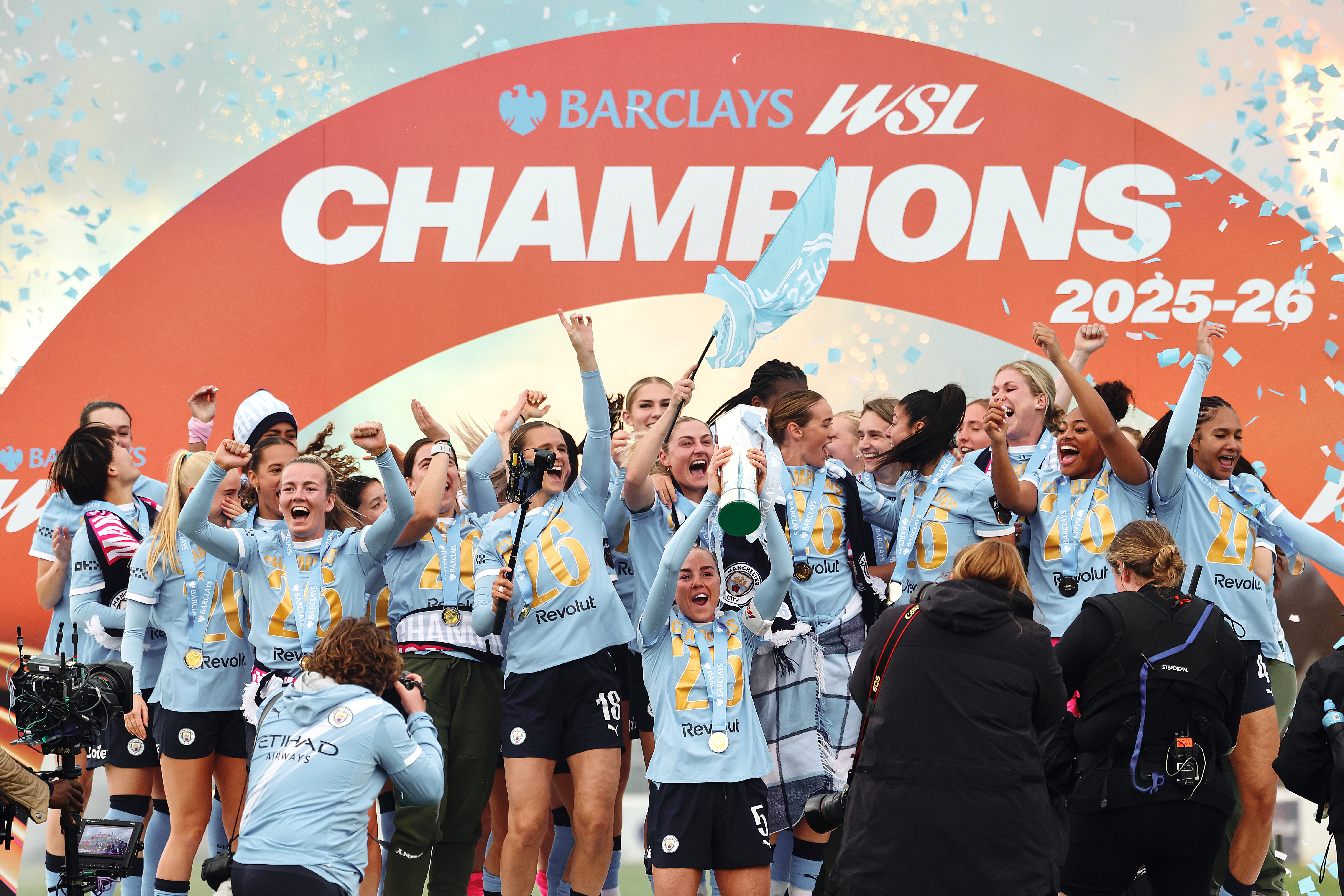 Manchester City celebrate lifting the trophy after the Barclays Women's Super League match between West Ham United and Manchester City at Chigwell Construction Stadium on May 16, 2026 