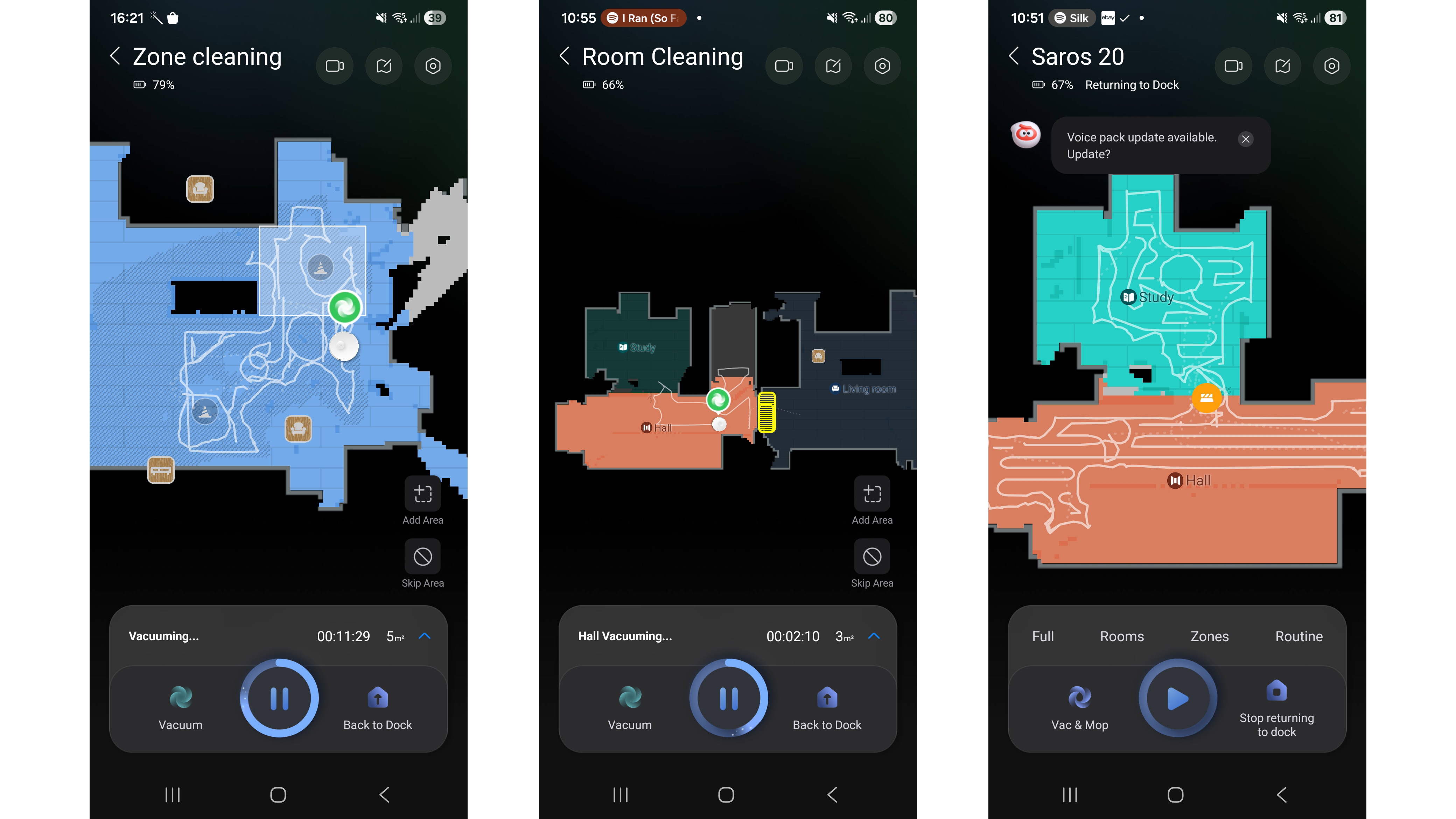Screenshots from the Roborock app