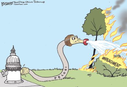Political Cartoon U.S. Nancy Pelosi Impeachment Trump extinguish fire