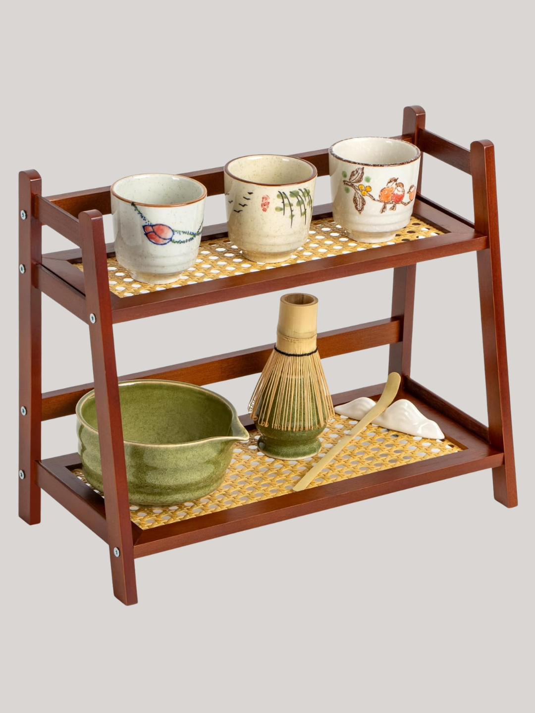 A rattan-style two-tiered matcha station organizer from Amazon