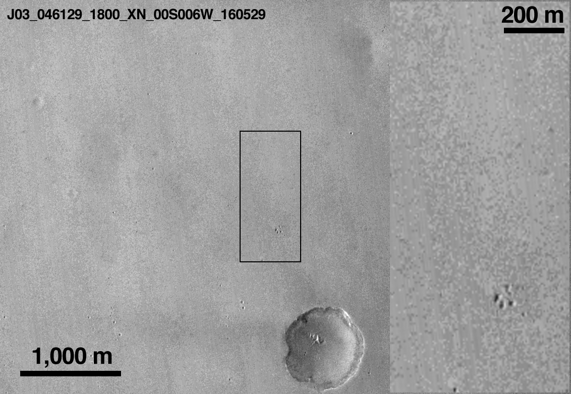 This comparison of before-and-after images by NASA’s Mars Reconnaissance Orbiter shows two features likely created during the Oct. 19, 2016 landing attempt of the ExoMars Schiaparelli lander. The small bright feature at bottom is probably Schiaparelli’s parachute, while the dark, fuzzy blob is likely the lander’s crash site.