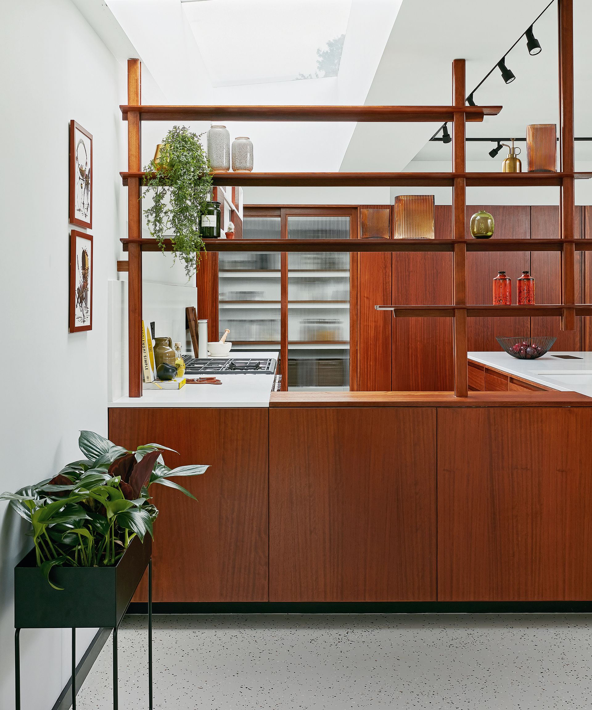 Open plan kitchen with wood partition