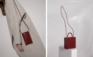 Two images, Left- Deep red pouch style bag on models shoulder, Right- Deep red box shaped shoulder bag on a display podium