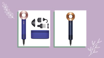 An image representing two Dyson hair dryer deals on a purple background.
