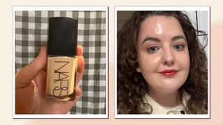 An image of senior beauty editor Rhiannon Derbyshire holding a bottle of the NARS Sheer Glow Foundation alongside another image of her wearing it on her skin to illustrate the options for the best NARS foundation