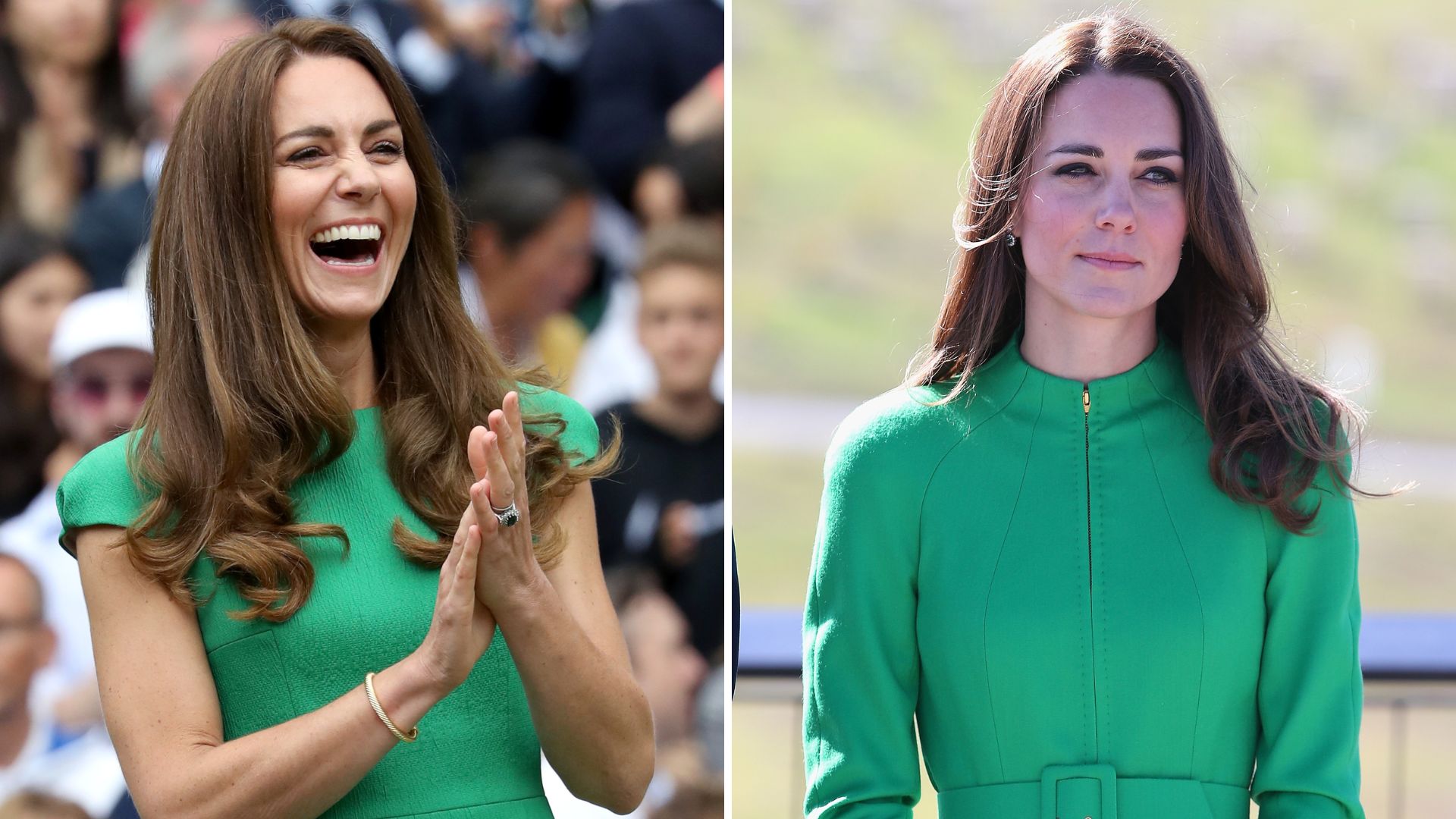 A composite of two pictures of Kate Middleton wearing dresses in a very similar shade of green