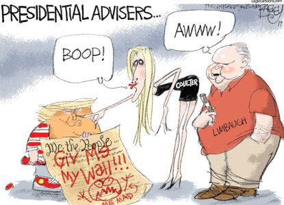Political cartoon U.S. Trump Ann Coulter Rush Limbaugh wall advisers