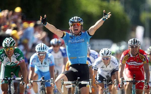 Mark Cavendish takes his first Tour stage win.