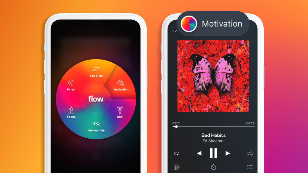 The new Deezer Flow Mood wheel on a phone screen, motivation has been selected and is playing Ed Sheeran&#039;s Bad Habits