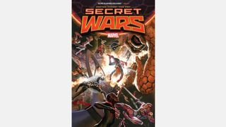 The cover of the comic Secret Wars, feature several Marvel characters attacking a bright explosion in space.