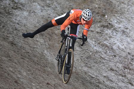 Mathieu van der Poel (Netherlands) balances on the off-camber