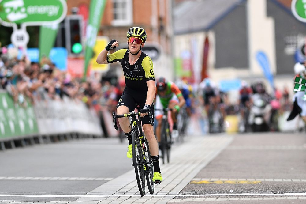 Cameron Meyer (Mitchelton-Scott) wins breakaway sprint during stage 2 in Barnstaple