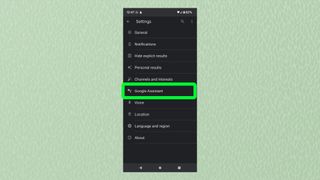 A screenshot from Android showing the Google Settings menu with Google Assistant highlighted