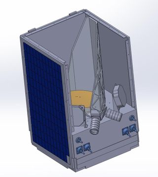 A rendering of the telescope and satellite Project Blue would launch into space to search for planets orbiting Alpha Centauri. Because of the target's nearness to Earth, the telescope and instruments can be around the size of a refrigerator.