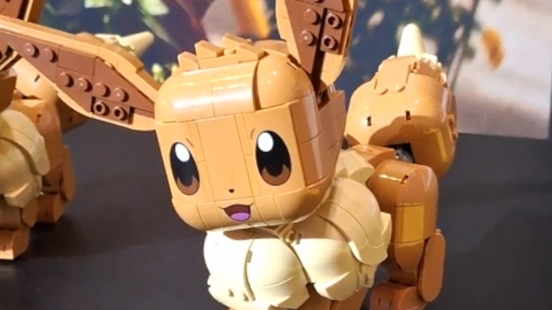 Lego Eevee fully assembled on a black background