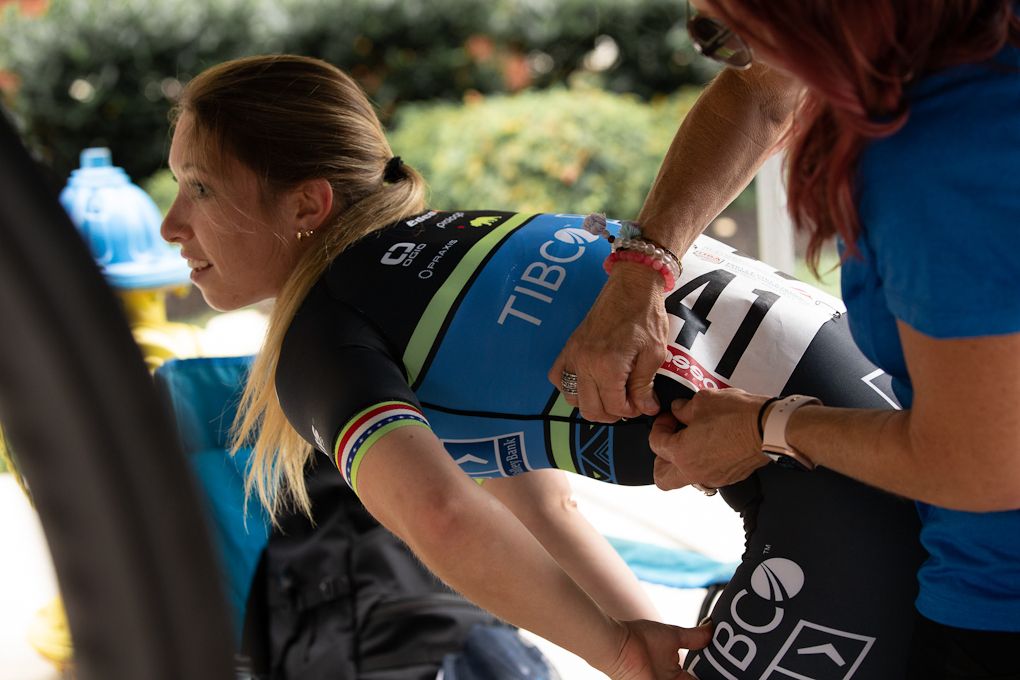 Kendall Ryan has her numbers pinned on before the start of the USPro criterium