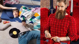 Optical illusion photos created using 'invisible jumpers' knitted to camouflage their wearer into the backgrounds