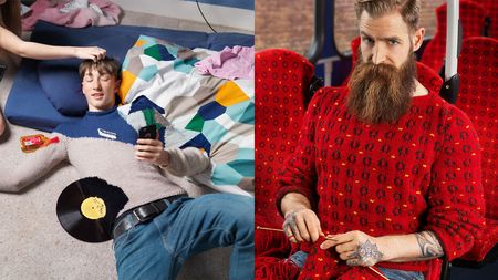 Optical illusion photos created using 'invisible jumpers' knitted to camouflage their wearer into the backgrounds