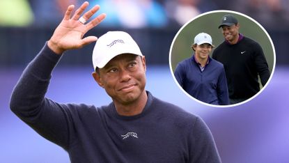 Tiger Woods waves to the crowd and an inset of him and son Charlie