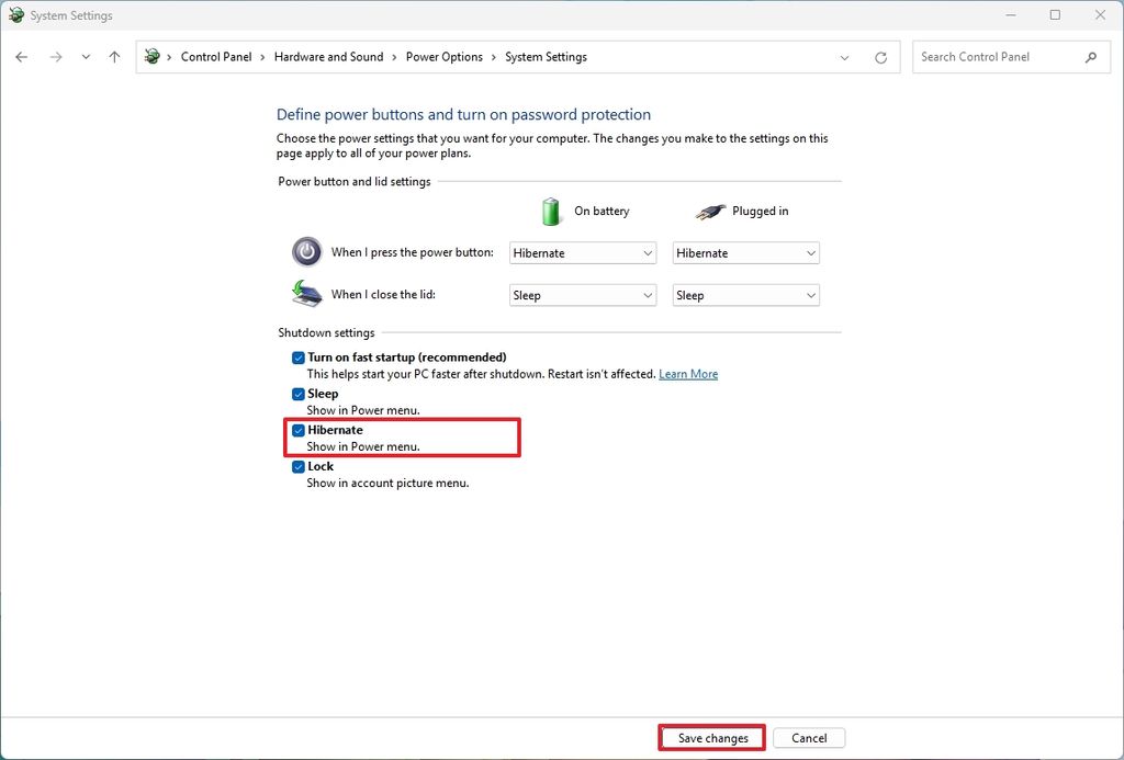 Windows 11 show Hibernate on Power menu