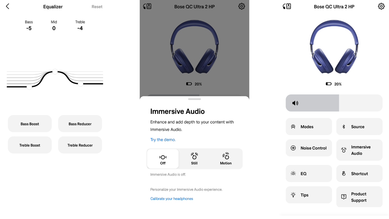 Screenshots of Bose control app showing EQ, Immersive Audio, Main Menu