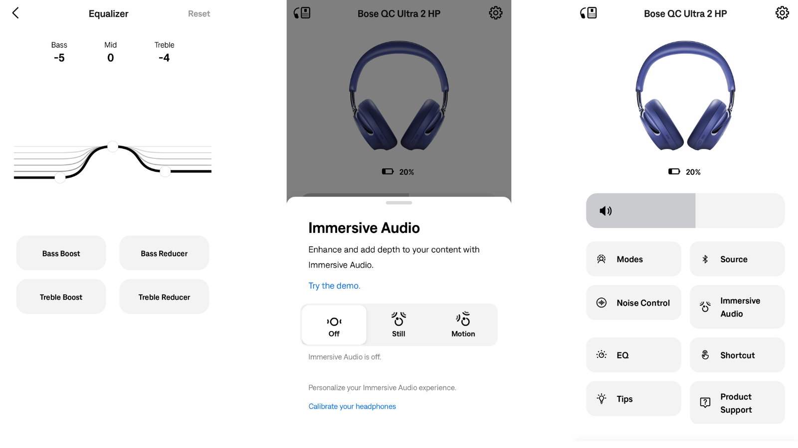 Screenshots of Bose control app showing EQ, Immersive Audio, Main Menu