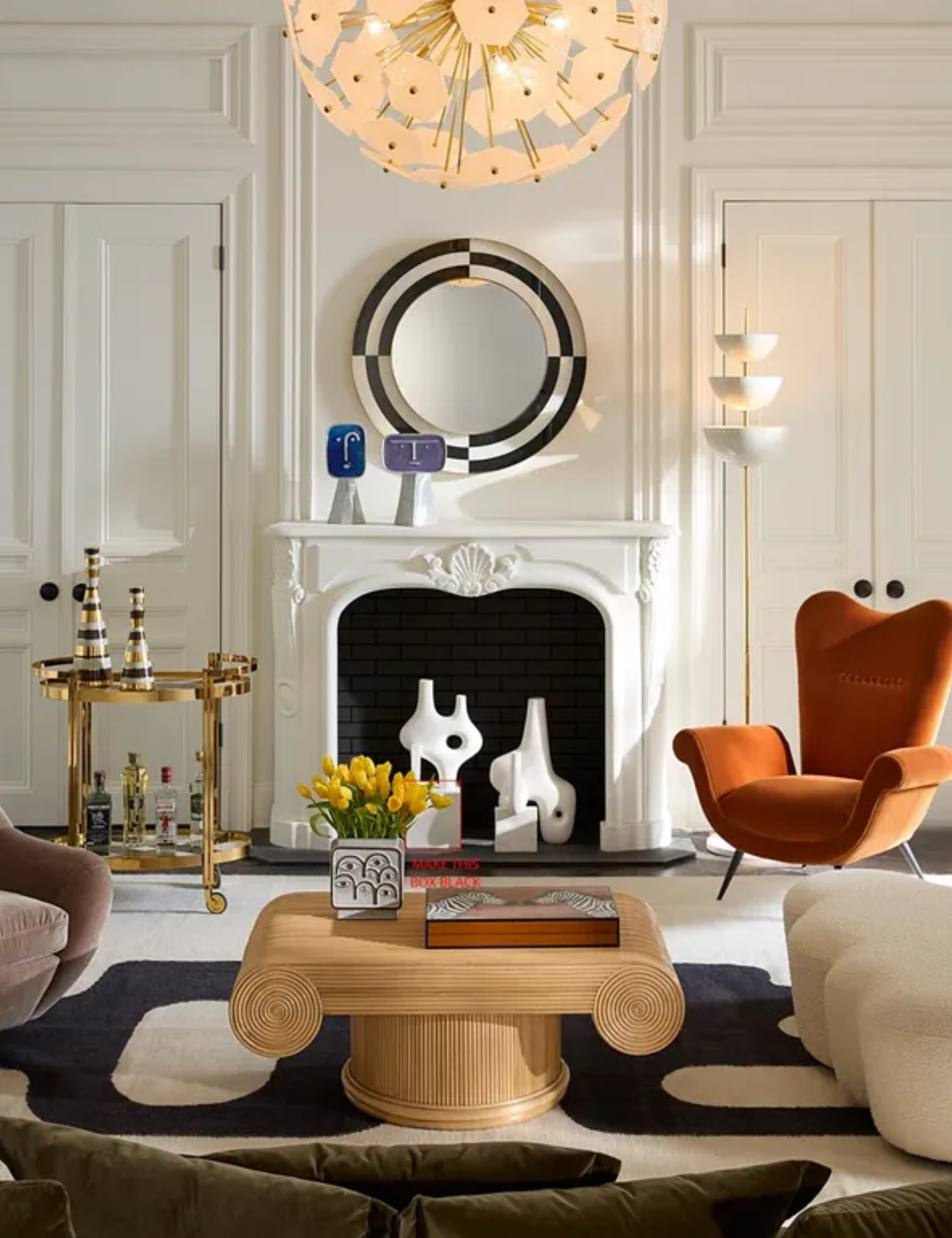 Jonathan Adler circular striped wall mirror in a playful living room