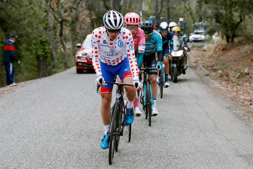 AUBAGNE FRANCE MARCH 11 Valentin Madouas of France and Team Groupama FDJ polka dot mountain jersey competes during the 80th Paris Nice 2022 Stage 6 a 2136km stage from Courthzon to Aubagne ParisNice WorldTour on March 11 2022 in Aubagne France Photo by Bas CzerwinskiGetty Images