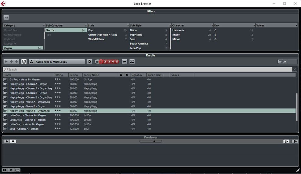 You can search for loops in Cubase by category and style.