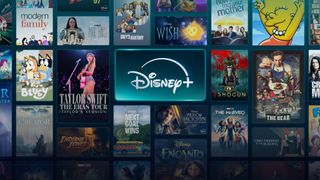 The Disney Plus logo surrounded by shows and movies on the streaming service